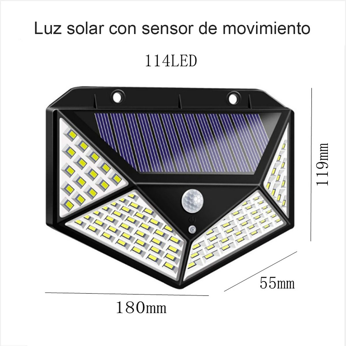 Lámpara de pared solar LED para exteriores, de cuatro caras iluminadas, con sensor de movimiento, ideal para jardines y patios.