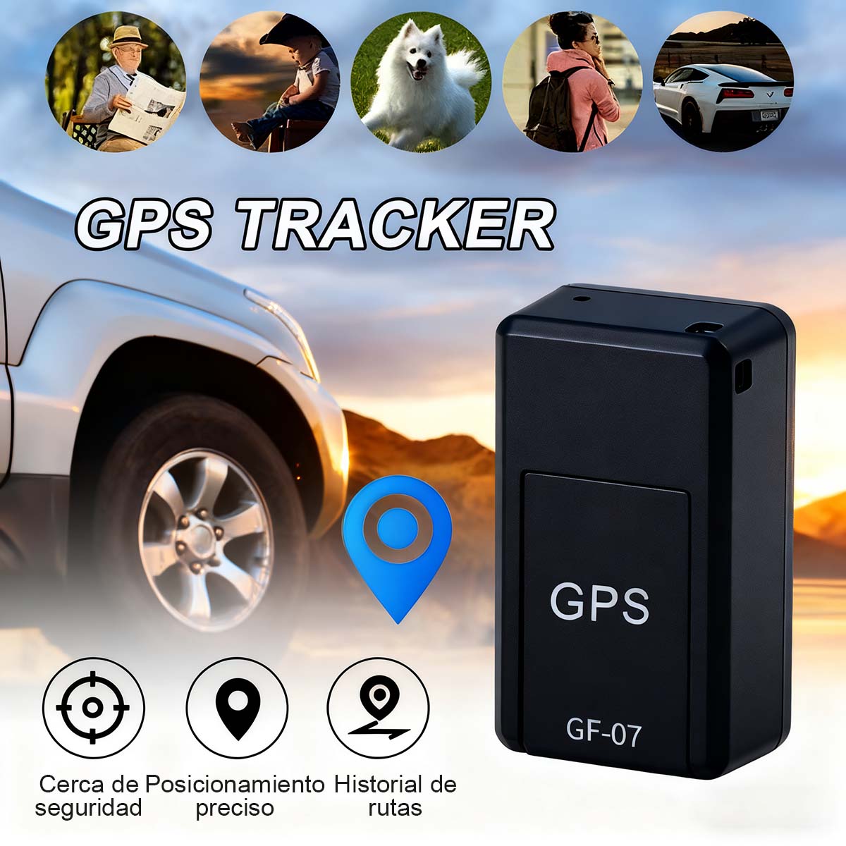 Localizador GF07 — Dispositivo antiperdida para ancianos y niños, GPS con imán potente para coche, sin necesidad de instalación.