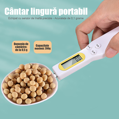 Cântar electronic de bucătărie tip lingură – 0,1 g precizie, ideal pentru prăjituri, pudră de lapte, cafea și ingrediente mici, portabil și ușor de utilizat.