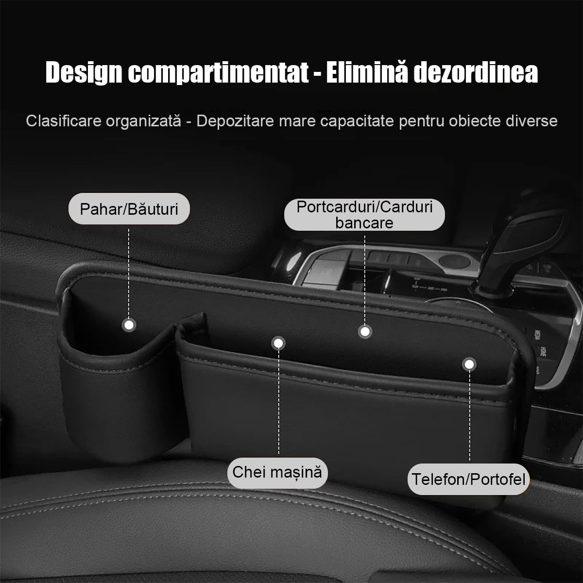 Cutie de depozitare auto pentru spațiul dintre scaune – organizator practic în mașină