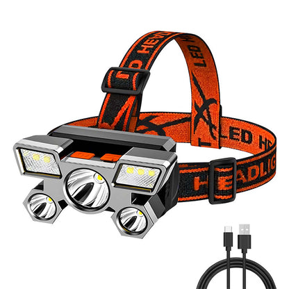 Nueva lámpara frontal LED de alta potencia con 5 luces, lámpara tipo avión, recargable por USB, lámpara de cabeza pequeña para exteriores y minería.