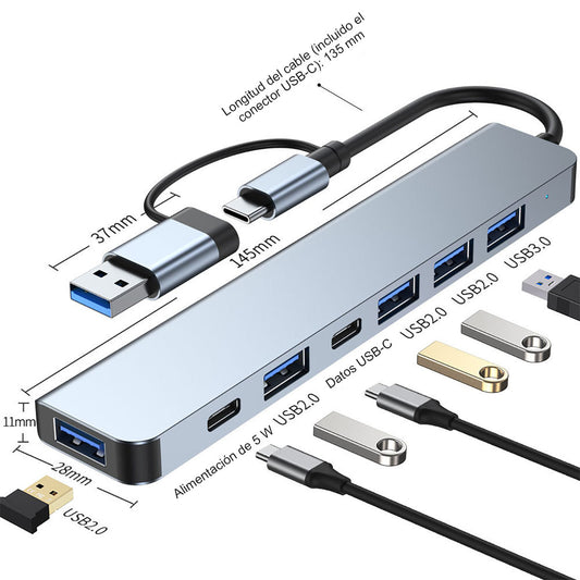 Hub 7 en 1 Type-C para portátil y tablet, concentrador USB de ocho puertos