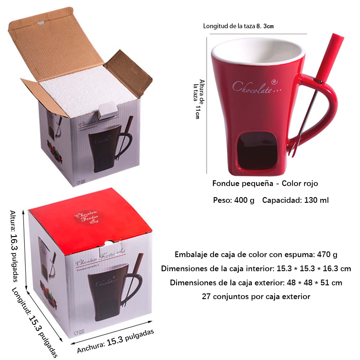 Taza de cerámica para chocolate, calentador de fondue, taza de fondue suizo para helado, taza de fondue de queso con tenedor incluido.