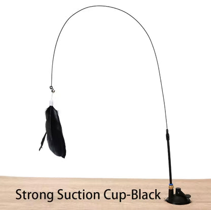 Juguete para gatos con ventosa de succión fuerte, varita de plumas de vara larga para juego autónomo, resistente al mordisco y antiedad para gatos.