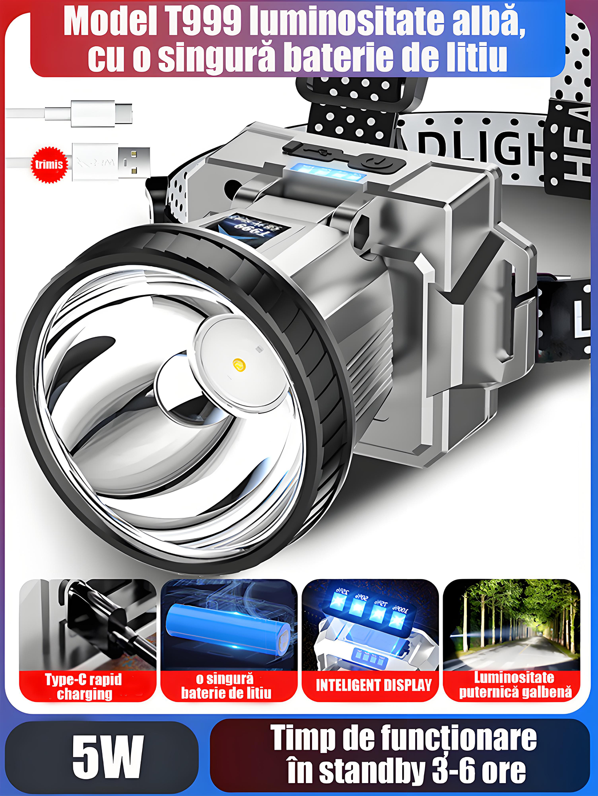 Linterna frontal con sensor para exteriores, carga rápida, ultra brillante, linterna de cabeza recargable, ideal para pesca nocturna y senderismo, iluminación manos libres y larga duración de la batería.
