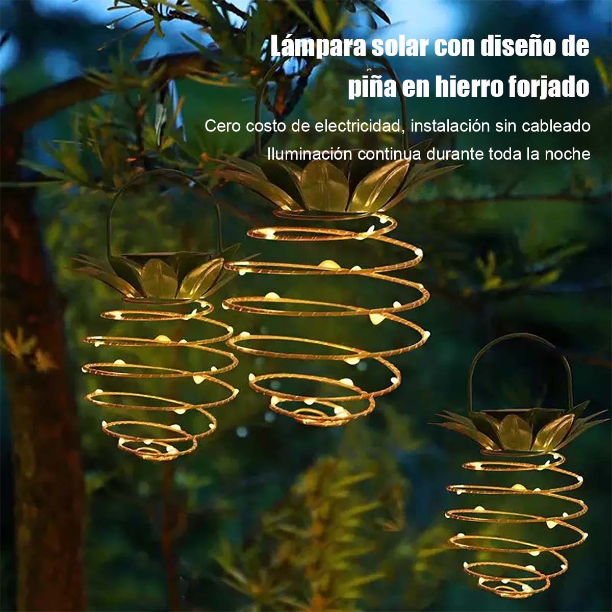 Farol de piña con luz solar, estructura de hierro, cadena de luces LED de hilo de cobre; lámpara colgante impermeable para decoración de jardines exteriores
