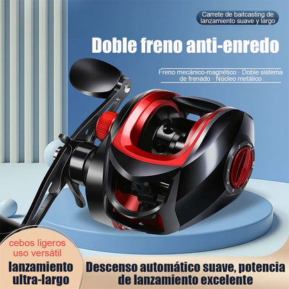 Conjunto de caña de pescar con carrete de metal negro y rojo, línea anti-explosión, para pesca de larga distancia, pesca en puente y embarcadero, carrete para pesca de percas.