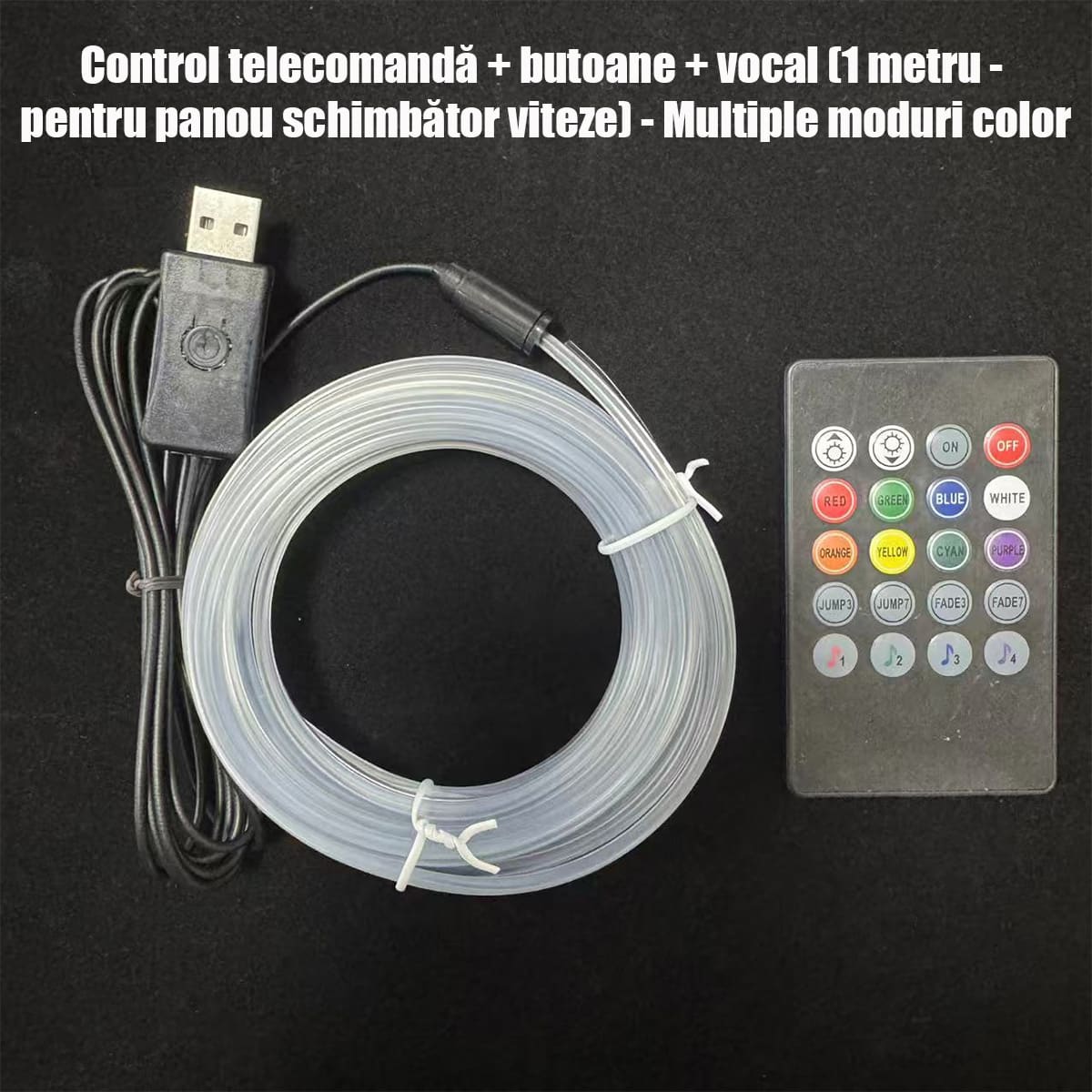 Lumini ambientale auto multicolore, cu fir rece, USB, controlate vocal, fără cablare, bandă decorativă wireless pentru iluminare atmosferică în mașină