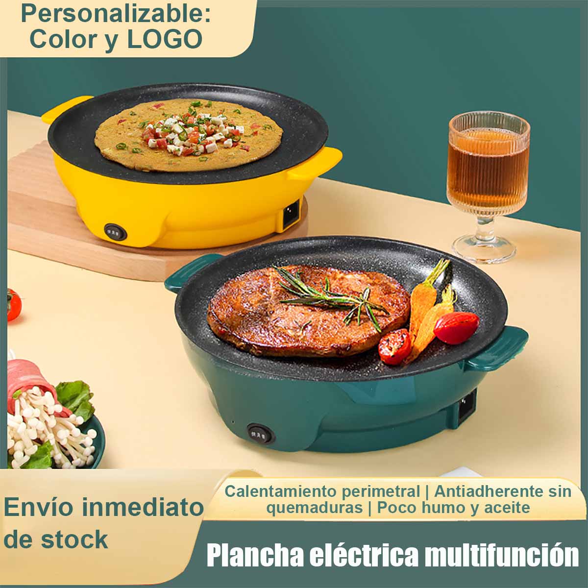 Parrilla eléctrica mini todo en uno para comida para llevar, sartén eléctrica doméstica portátil, antiadherente y sin humo.