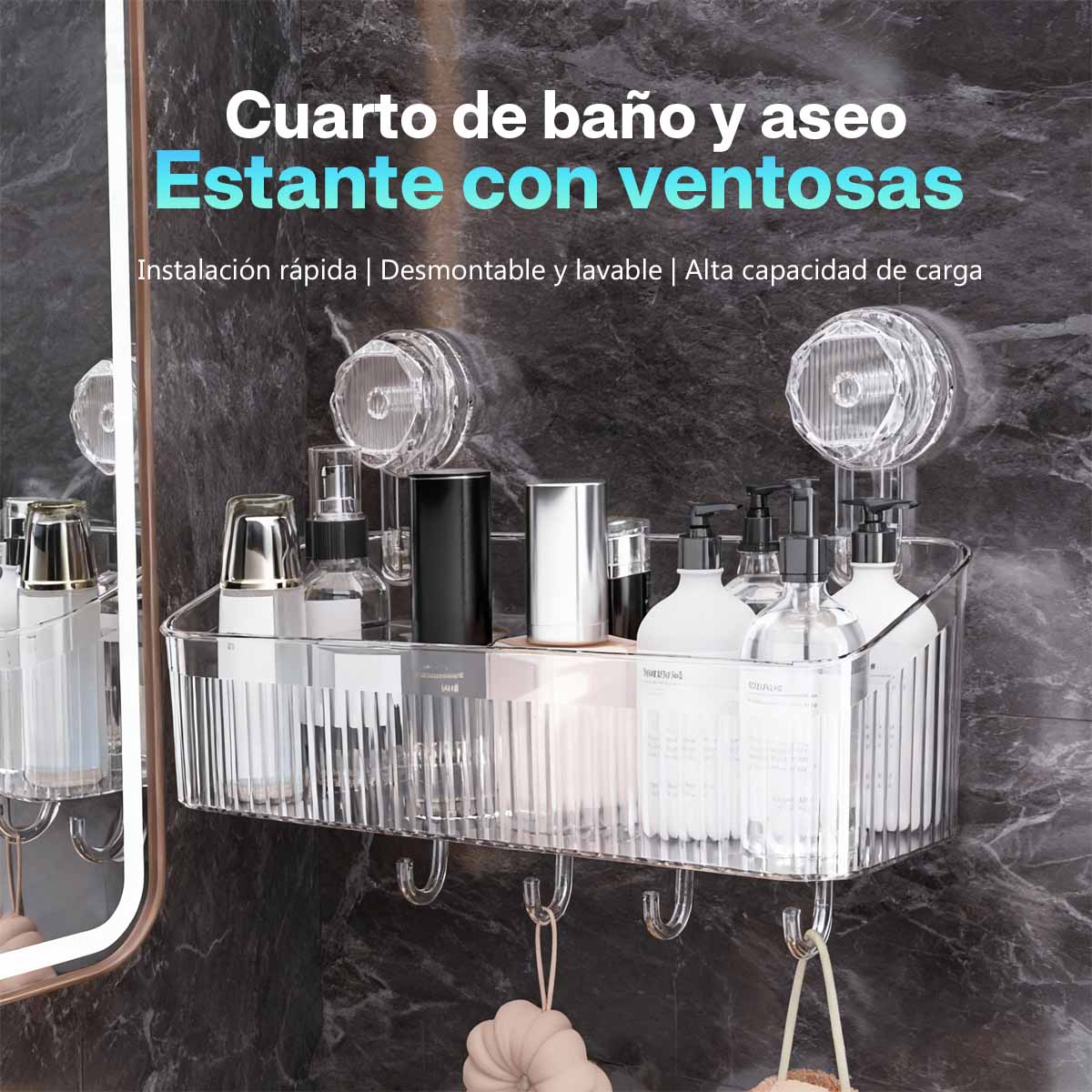 Estantería de baño con ventosas, colgante sin perforación, organizador de almacenamiento para lavabo, mueble colgante para espejo de baño.、