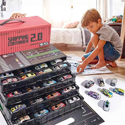 Colección de Coches de Hojalata Clásicos para Niños - Juguete Educativo con Parque de Estacionamiento y Camión Portacontenedores a Fricción