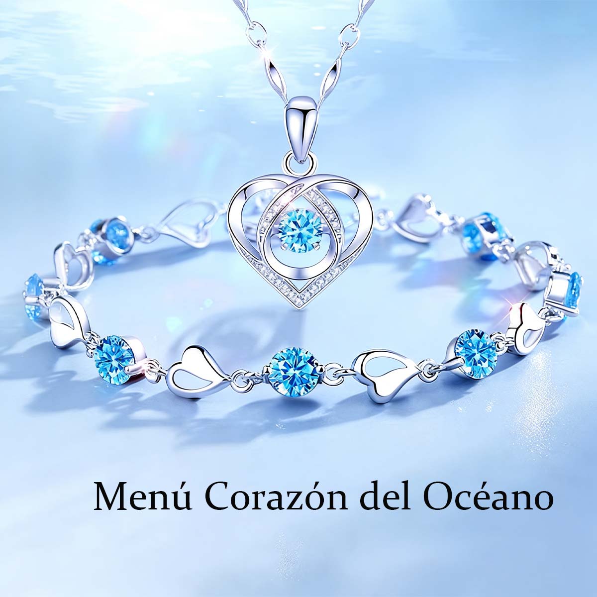 Nuevo set de diseño exclusivo "Corazón del Océano" | Collar con cristal azul en forma de corazón, pulsera de zirconia, joyería de amor para mujer.