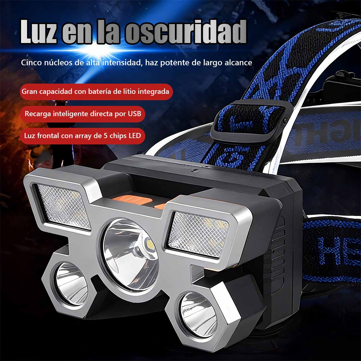 Nueva lámpara frontal LED de alta potencia con 5 luces, lámpara tipo avión, recargable por USB, lámpara de cabeza pequeña para exteriores y minería.