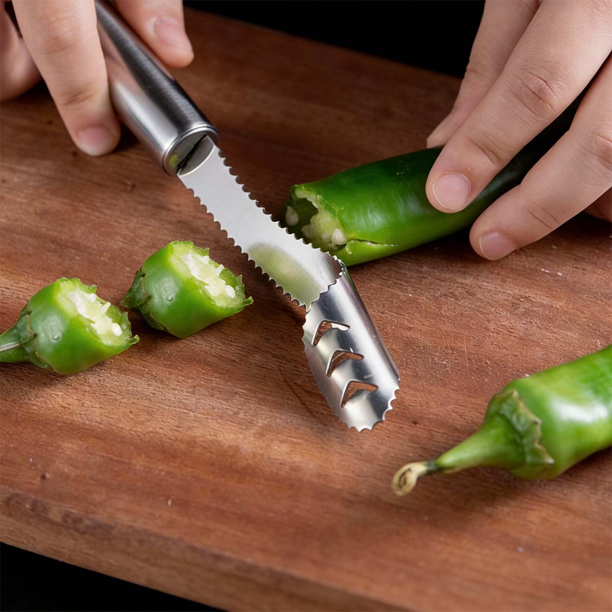 Desinfectador de semillas de acero inoxidable para pimientos, removedor de semillas de pimientos verdes, herramienta para sacar semillas, extractor de corazón de pimiento.
