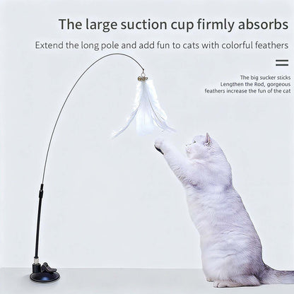 Juguete para gatos con ventosa de succión fuerte, varita de plumas de vara larga para juego autónomo, resistente al mordisco y antiedad para gatos.