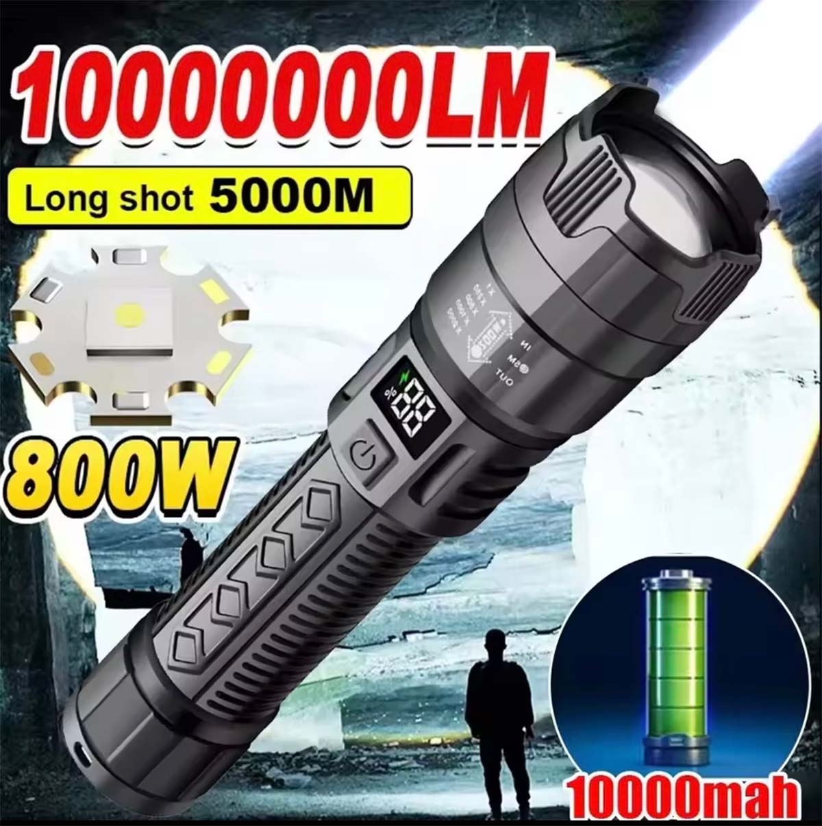“Linterna de alta potencia recargable, portátil, de larga duración, para exteriores, de alcance lejano, resistente al agua, multifuncional y súper brillante para uso doméstico.”