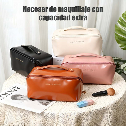 Bolsa de almacenamiento para maquillaje de cuero PU con organo, bolsa de almohada, bolsa de almacenamiento para viajes, portátil, de gran capacidad, con compartimentos para artículos de aseo.