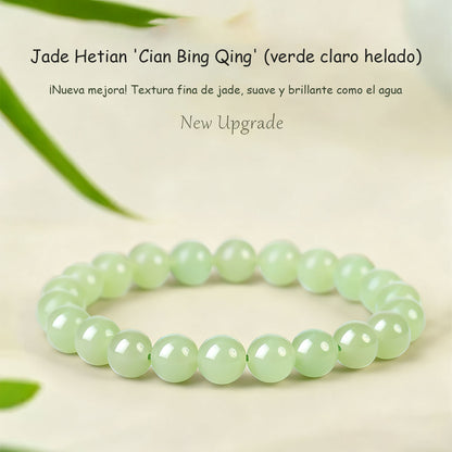 Pulsera de jade Hetian para mujer y hombre, cuentas redondas de hielo translúcido. Amuleto de la suerte, estilo ligero y lujoso, delicado y exclusivo