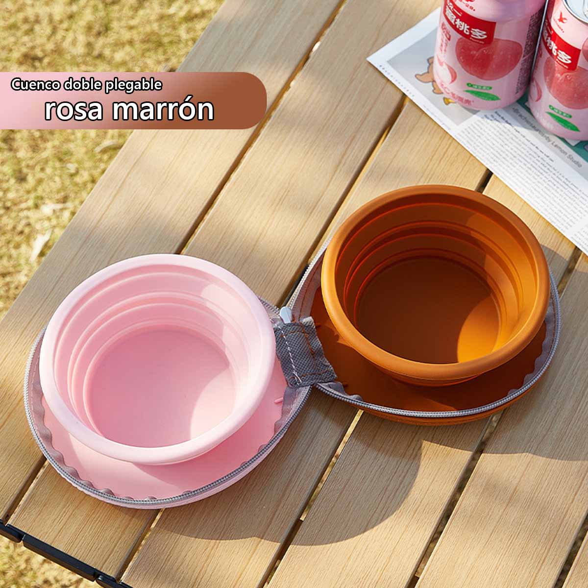 Bol plegable de silicona para mascotas, diseño de doble tazón, utensilios de alimentación ecológicos para perros y gatos en exteriores.