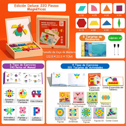 Rompecabezas tangram magnético, mosaico de piezas geométricas con imanes, juguete educativo de madera para niños, creatividad y aprendizaje temprano.