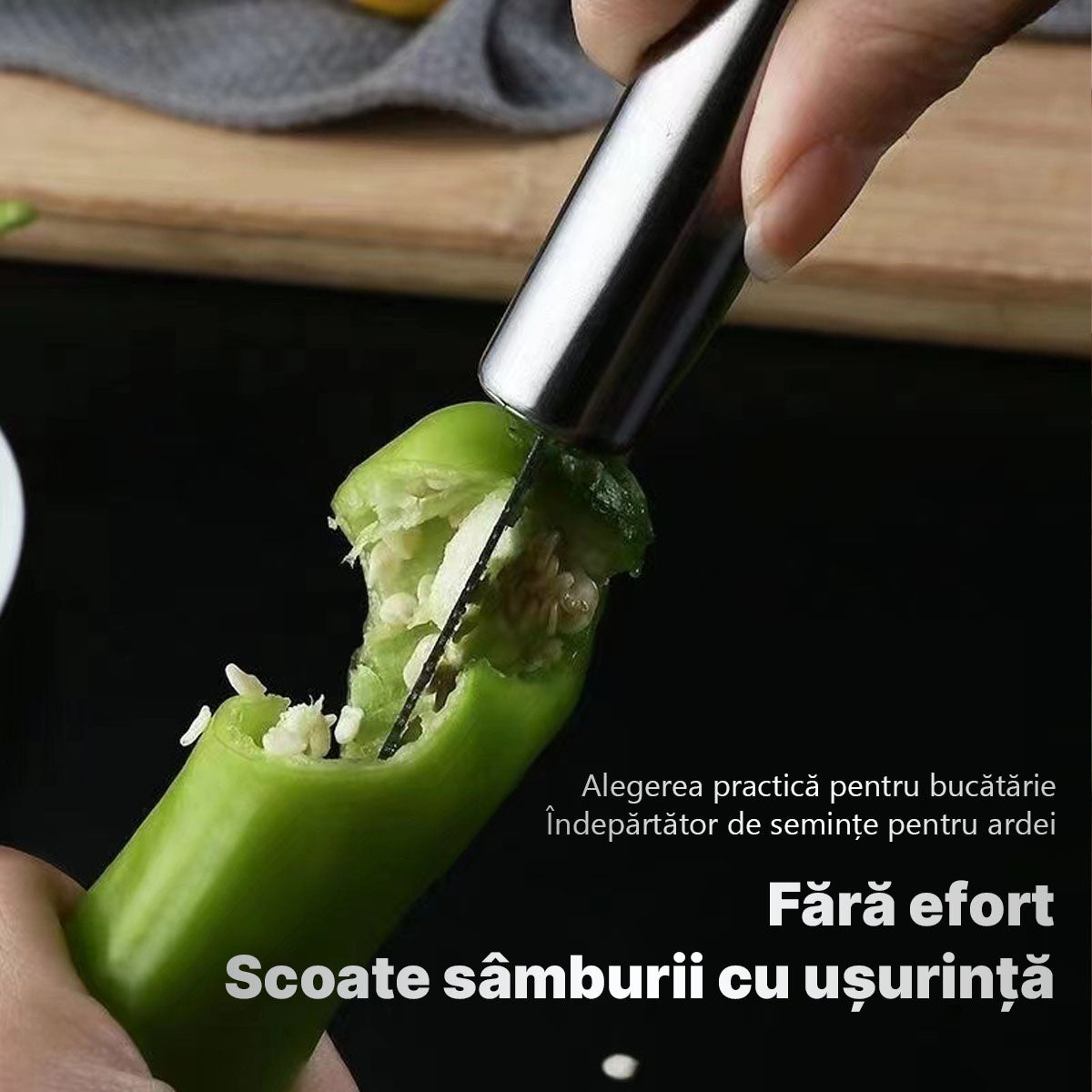 Dispozitiv din oțel inoxidabil pentru tăiat ardei iute și îndepărtat semințele, dispozitiv pentru îndepărtarea sâmburilor de ardei verde, unealtă pentru scoaterea sâmburilor și tăiat ardei.