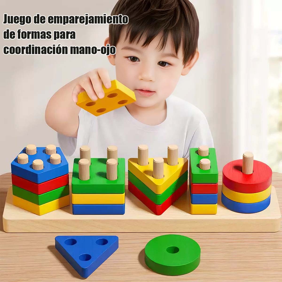 Juego Montessori de Pilares Geométricos - Juguete educativo de bloques para niños de 1 a 3 años, para niños y niñas, ideal para emparejar formas.