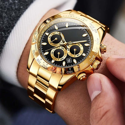 Reloj de cuarzo multifunción para hombres con correa de acero, esfera con escala numérica, cronógrafos de tres subesferas y cristal resistente a la luz azul.