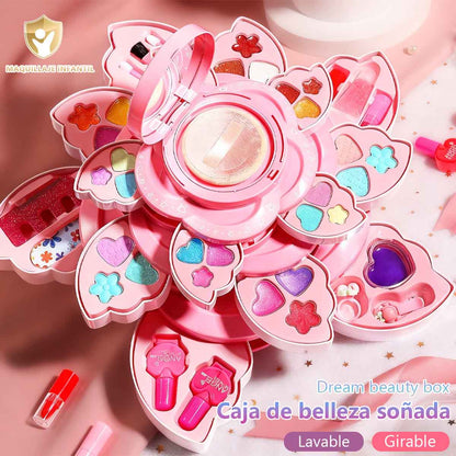 Set de maquillaje para niñas, caja de maquillaje giratoria con esmaltes de uñas, juguete de princesa para niñas, ideal como regalo de cumpleaños.
