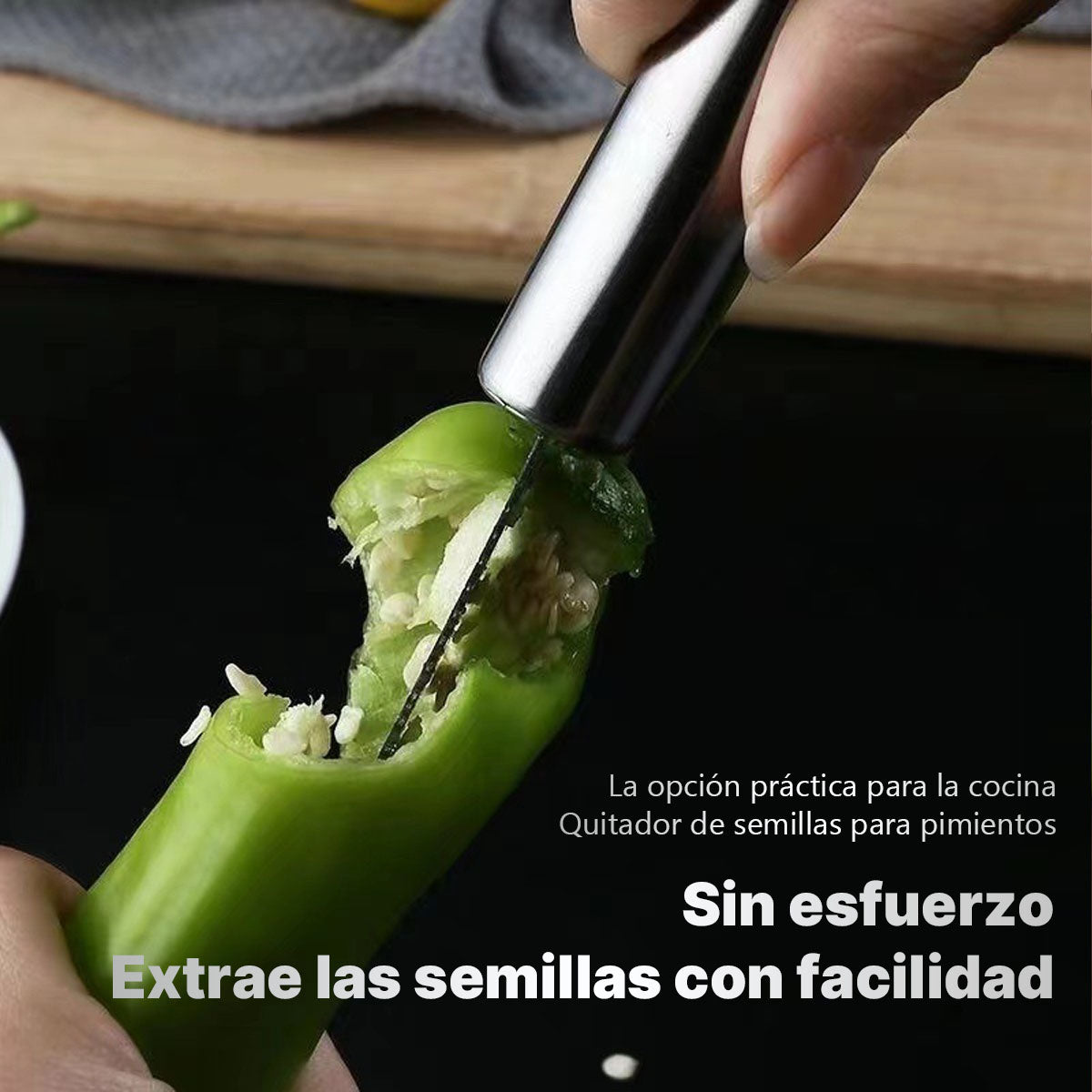 Desinfectador de semillas de acero inoxidable para pimientos, removedor de semillas de pimientos verdes, herramienta para sacar semillas, extractor de corazón de pimiento.