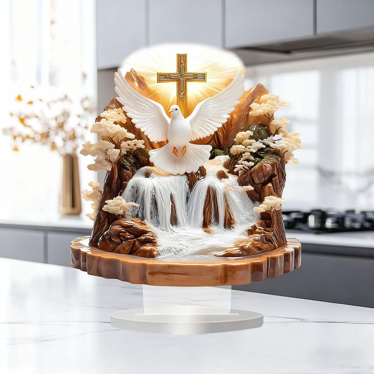 Adorno Boho Moderno para Escritorio - Decoración Acrílica con Paloma de la Paz y Paisaje Natural