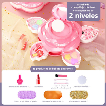 Set de maquillaje para niñas, caja de maquillaje giratoria con esmaltes de uñas, juguete de princesa para niñas, ideal como regalo de cumpleaños.