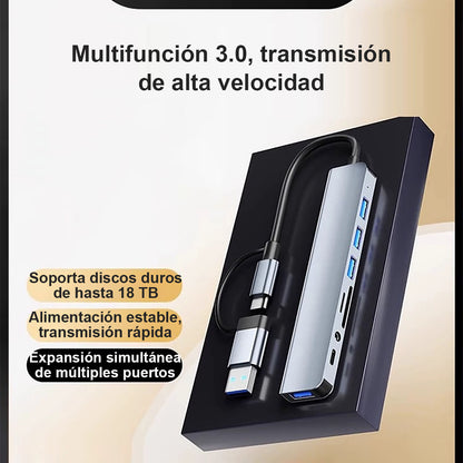 Hub 7 en 1 Type-C para portátil y tablet, concentrador USB de ocho puertos