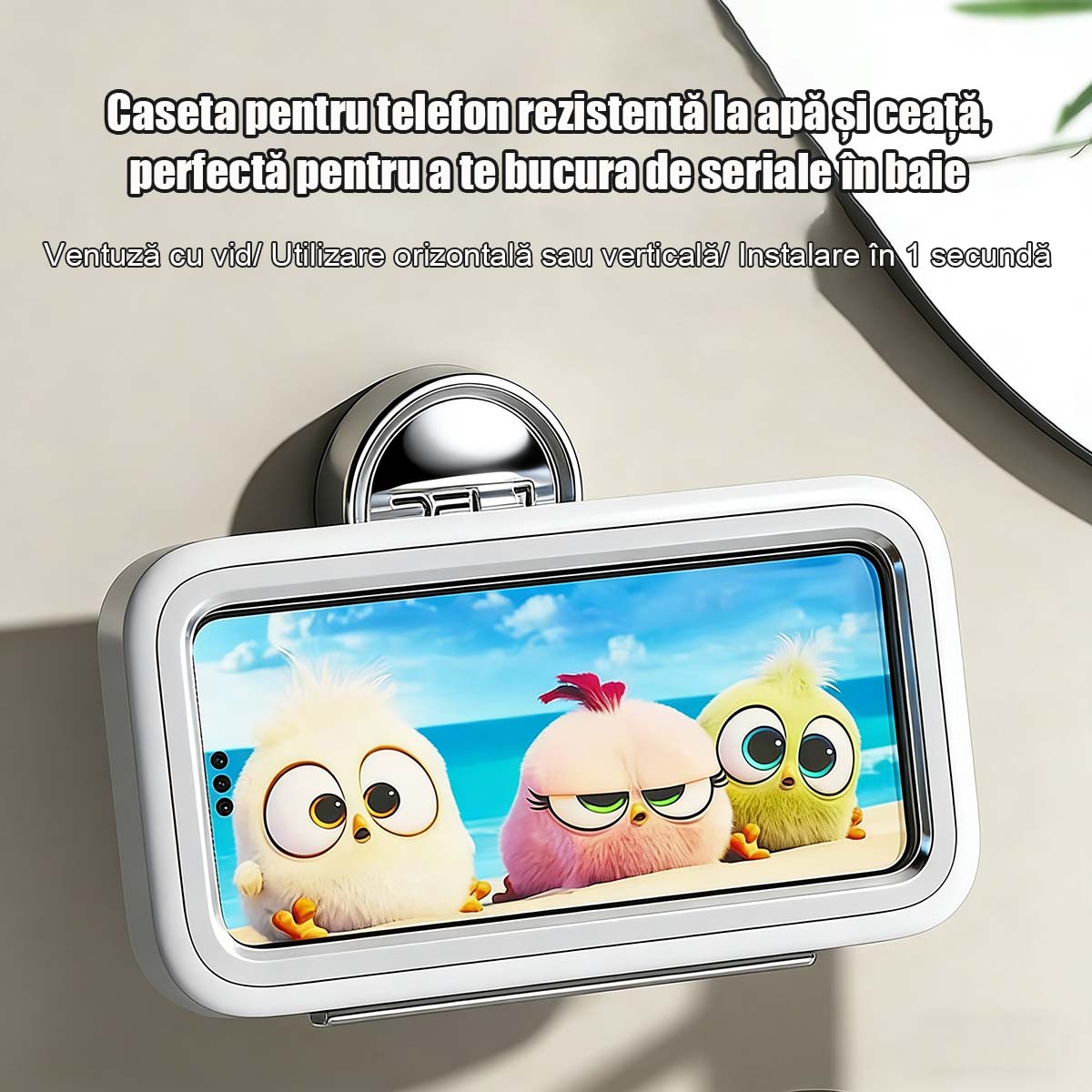 Cutie rotativă 360° pentru telefon, rezistentă la apă, pentru baie | Suport de perete pentru baie, duș, bucătărie, cu ventuză, ideal pentru cei care preferen comoditatea.
