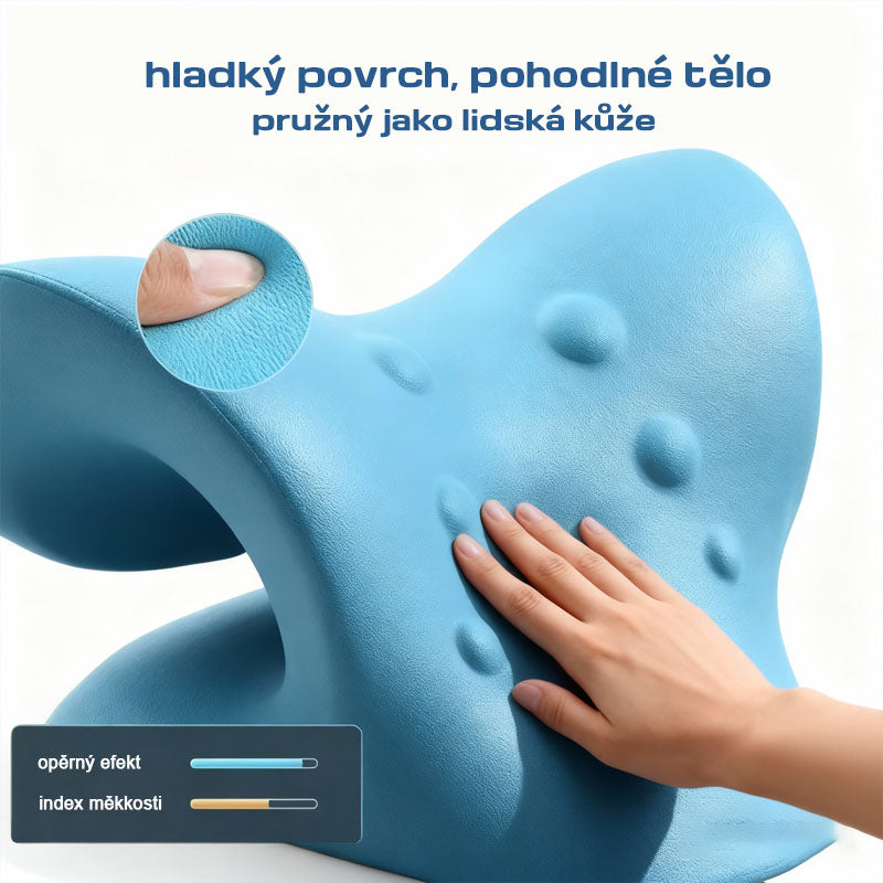 C-tvarovaný masážní polštář na krční páteř – domácí gravitační akupresurní a trakční pomůcka pro uvolnění krku a ramen.