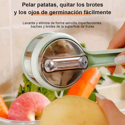 Caja de almacenamiento multifuncional para cocina, herramienta esencial para pelar patatas, rallador de frutas y pelador de verduras con almacenamiento para uso doméstico.