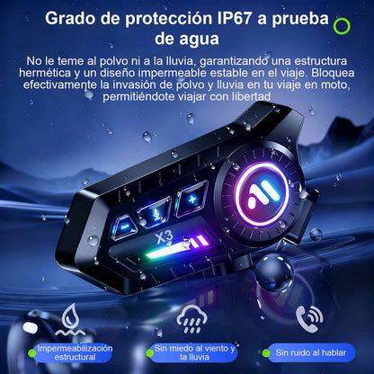 Auriculares Bluetooth X3 para casco de motocicleta, con bajos potentes, impermeables, con cancelación de ruido, inalámbricos y compatibles entre marcas, con intercomunicación para dos personas durante la conducción.