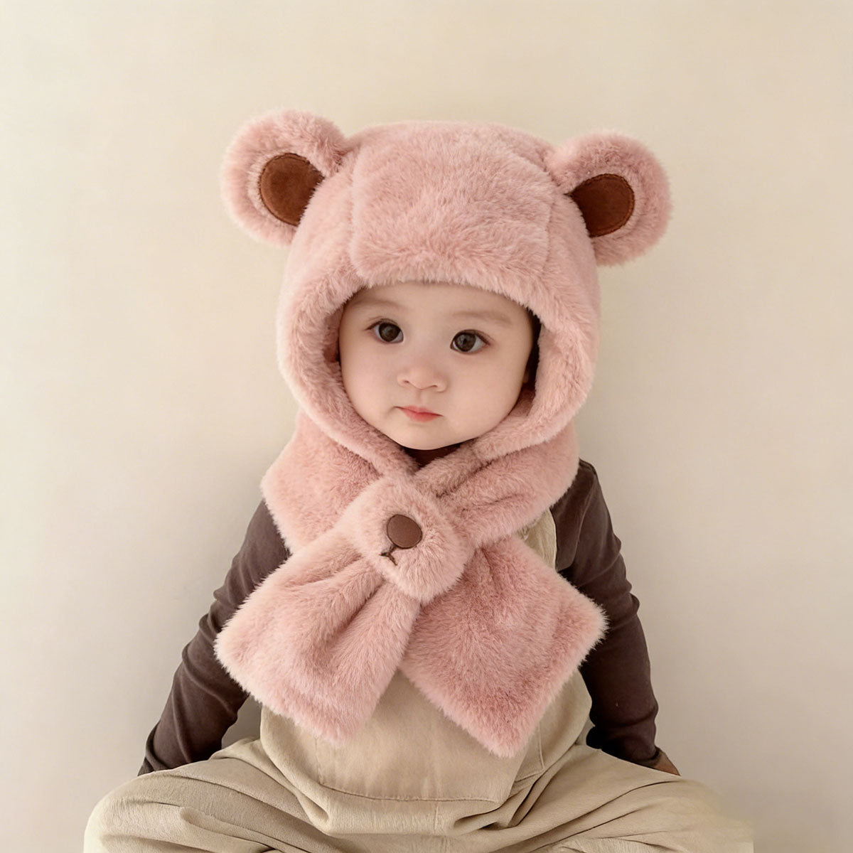 Bufanda y gorro para bebé de otoño e invierno, todo en uno, adorable y grueso, unisex, gorro con protección para orejas para niños y niñas