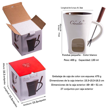 Taza de cerámica para chocolate, calentador de fondue, taza de fondue suizo para helado, taza de fondue de queso con tenedor incluido.