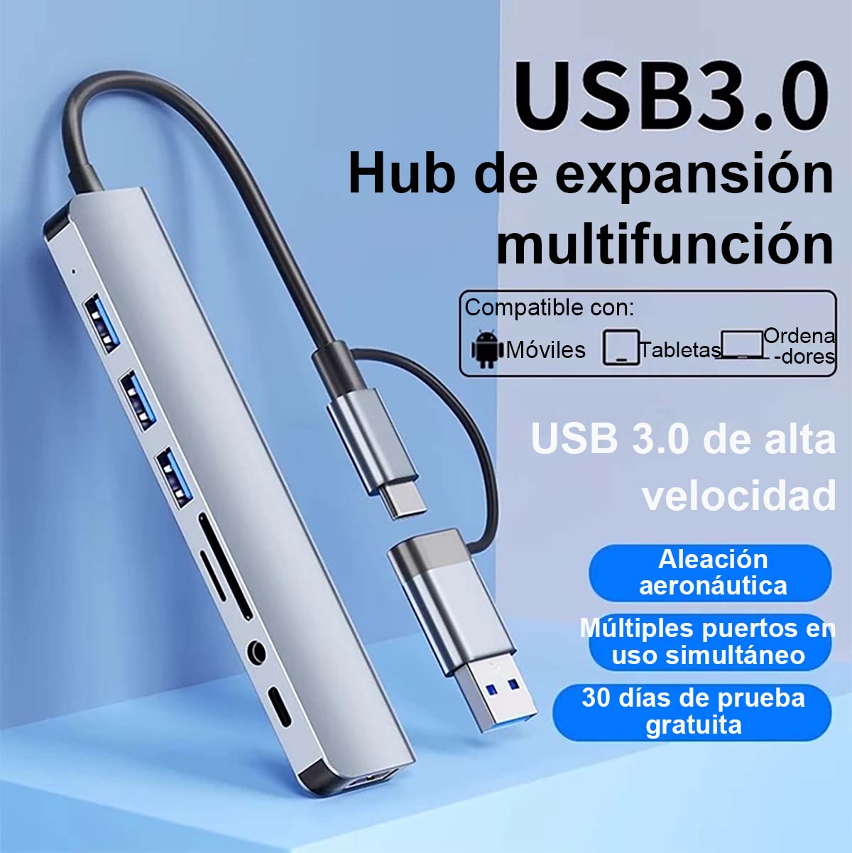 Hub 7 en 1 Type-C para portátil y tablet, concentrador USB de ocho puertos