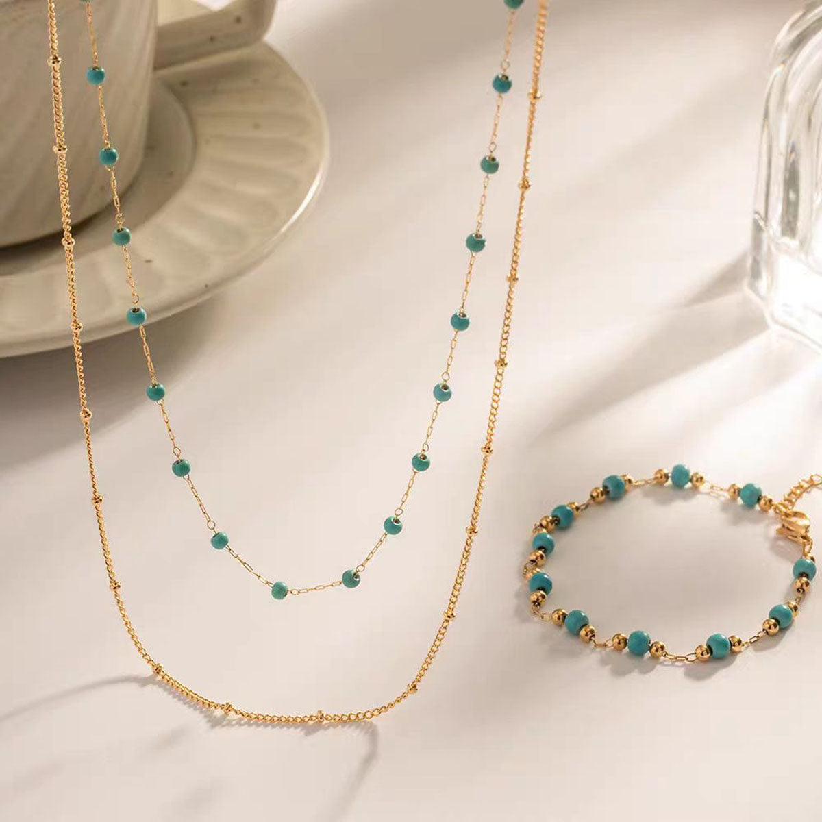 Juego de Joyería Turquesa Vintage: Collar y Pulsera de Cuentas, Estilo Francés Retro y Elegante para Suéter