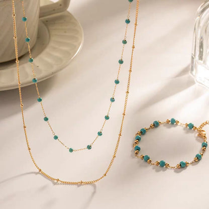 Juego de Joyería Turquesa Vintage: Collar y Pulsera de Cuentas, Estilo Francés Retro y Elegante para Suéter