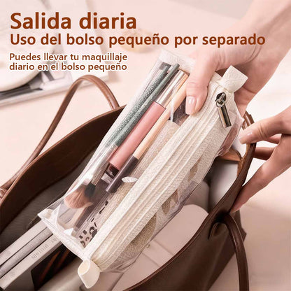 Bolso de maquillaje colgante y desmontable para personas perezosas; bolso de almacenamiento plegable y portátil de cremoso para viajes, que combina cuatro funciones en uno (maquillaje y aseo).