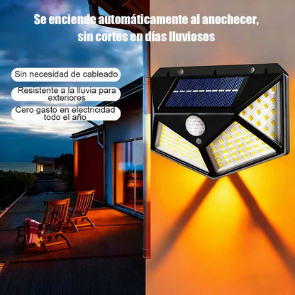Lámpara de pared solar LED para exteriores, de cuatro caras iluminadas, con sensor de movimiento, ideal para jardines y patios.