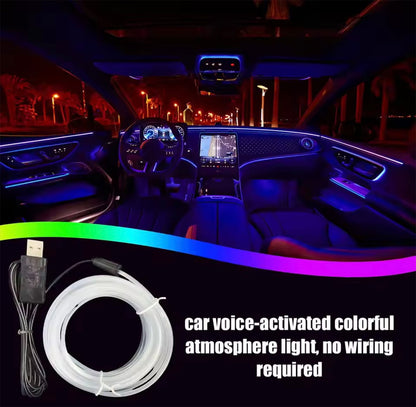 Lumini ambientale auto multicolore, cu fir rece, USB, controlate vocal, fără cablare, bandă decorativă wireless pentru iluminare atmosferică în mașină