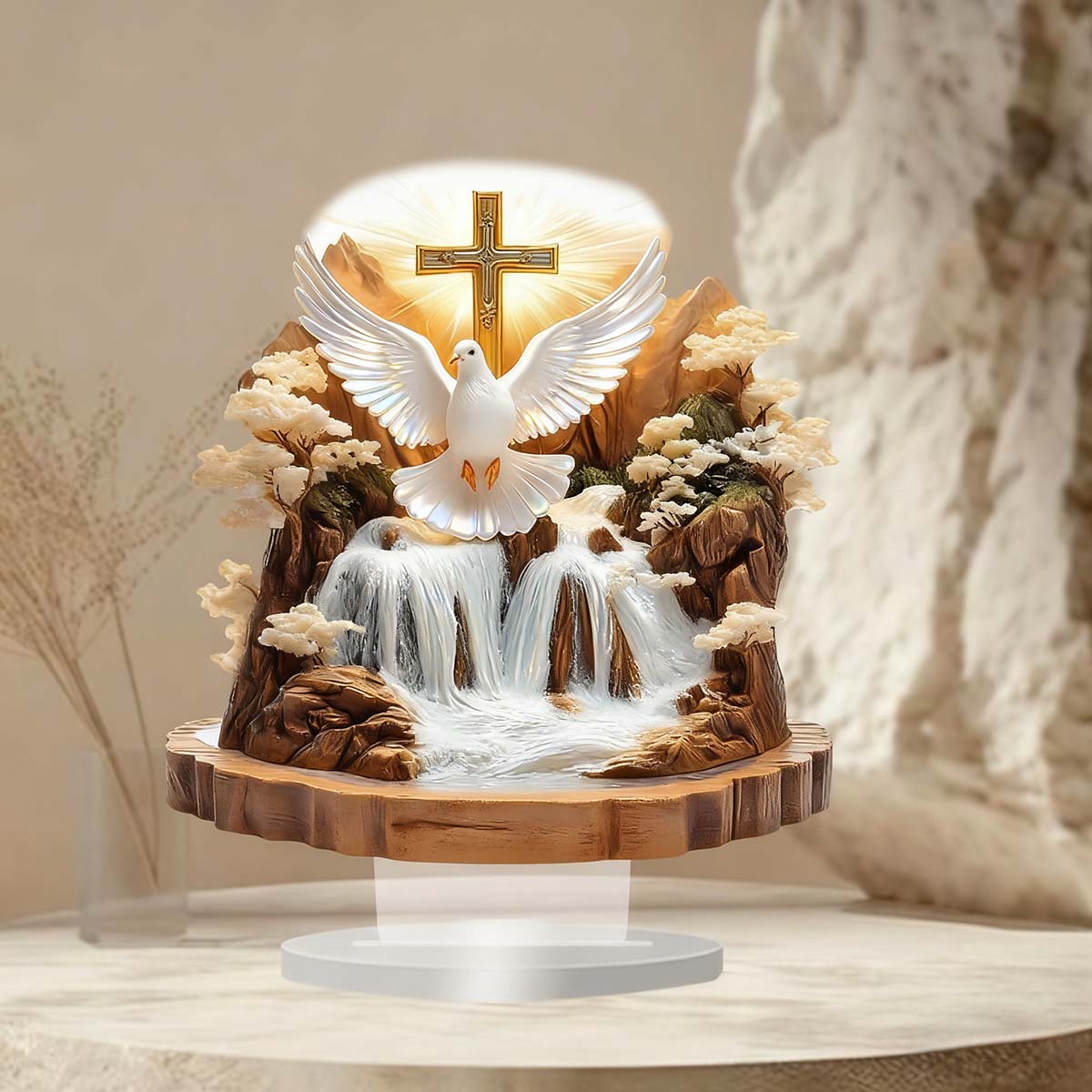 Adorno Boho Moderno para Escritorio - Decoración Acrílica con Paloma de la Paz y Paisaje Natural