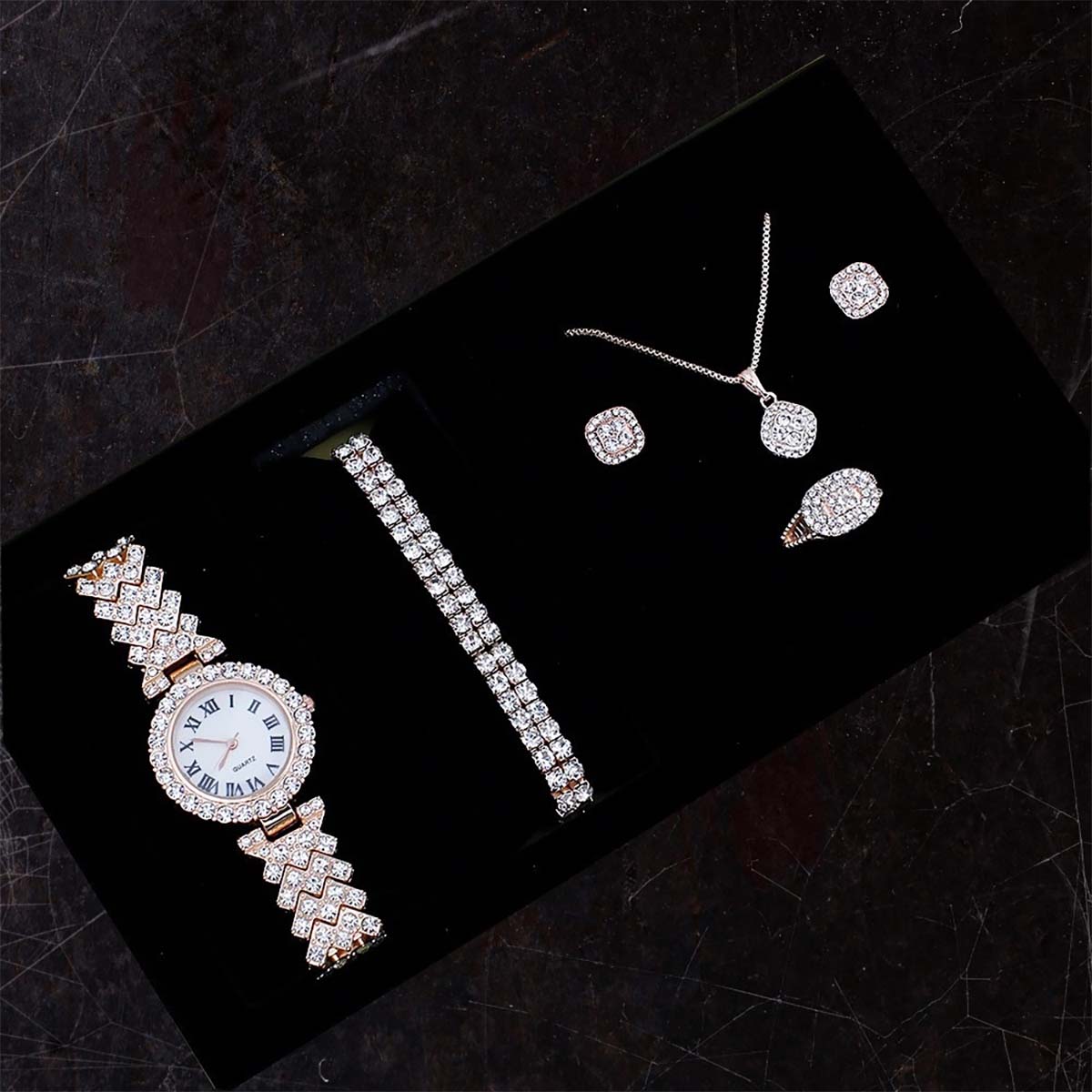 Conjunto de reloj con diamantes en forma de "fuente de riquezas", set de 5 piezas de pulseras de moda, reloj de cuarzo estilo europeo y americano para mujer.