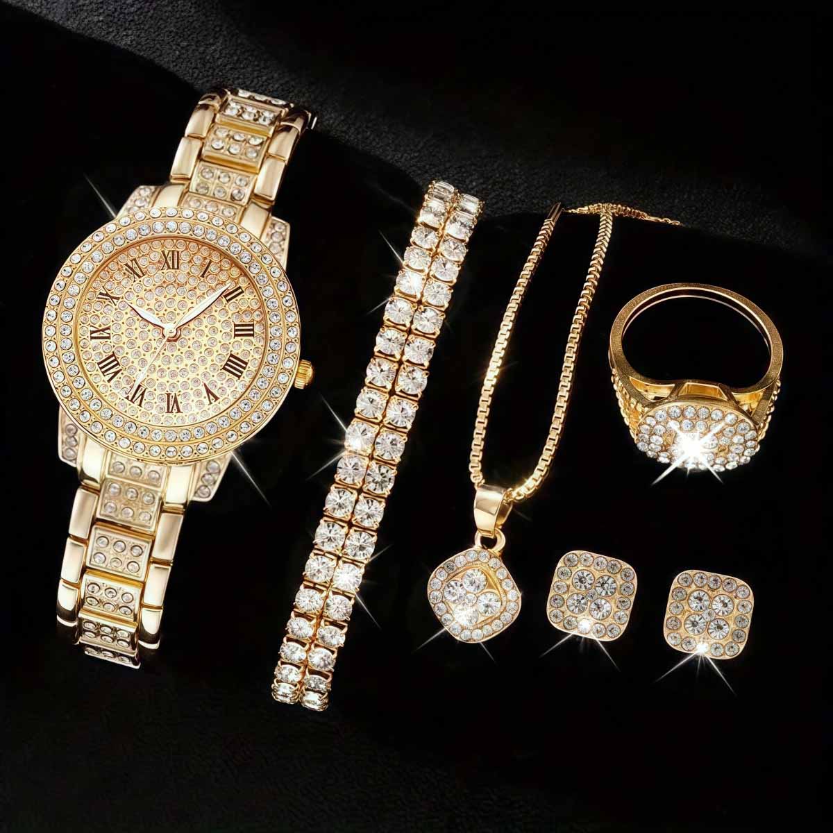 Conjunto de reloj con diamantes en forma de "fuente de riquezas", set de 5 piezas de pulseras de moda, reloj de cuarzo estilo europeo y americano para mujer.