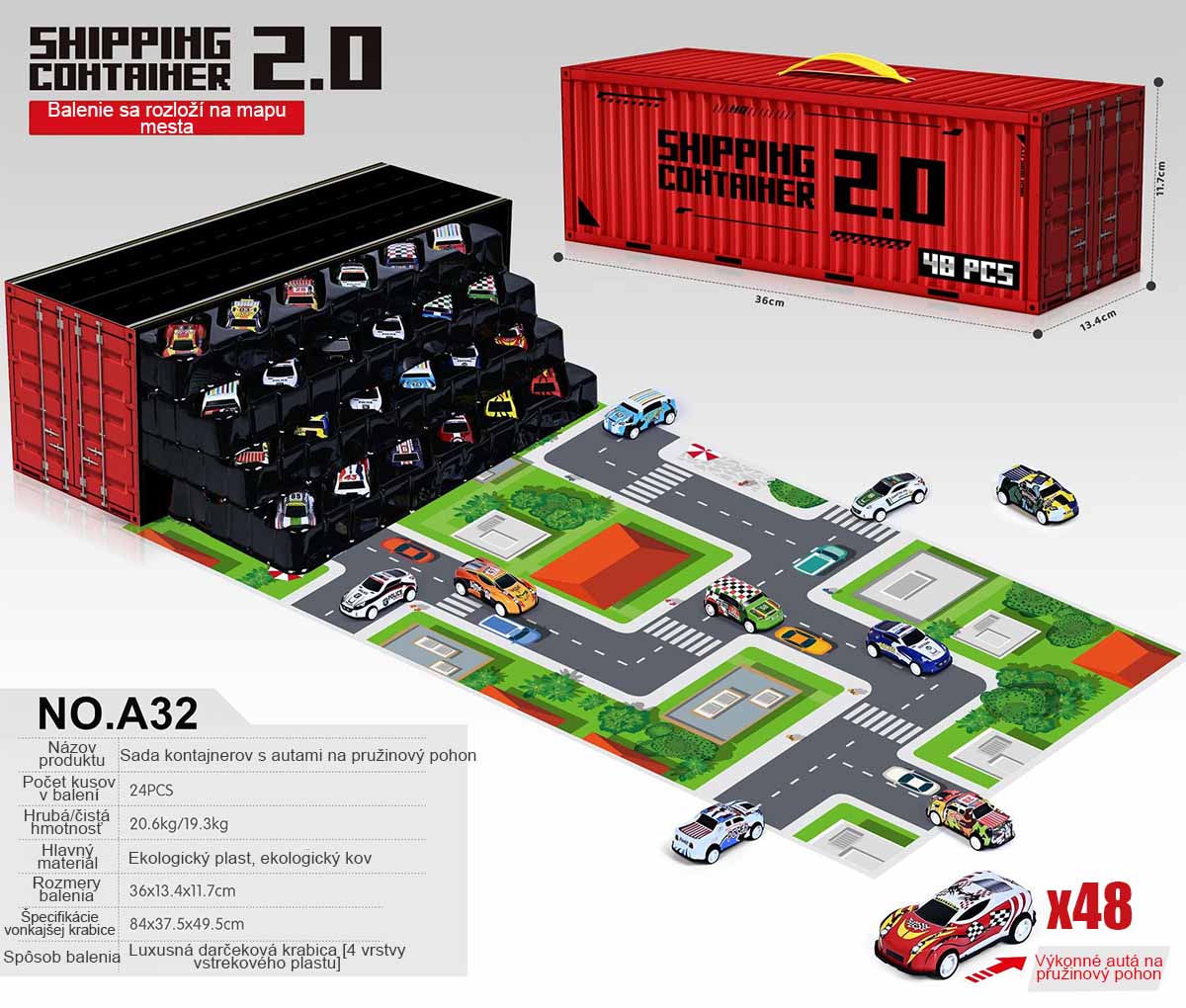 Detská darčeková sada kovových kontajnerových áut – realistické malé autíčka s pohonom na spätný ťah a mini parkoviskom, ideálne pre chlapcov.