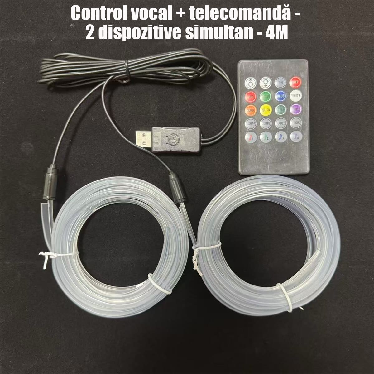 Lumini ambientale auto multicolore, cu fir rece, USB, controlate vocal, fără cablare, bandă decorativă wireless pentru iluminare atmosferică în mașină