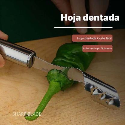 Desinfectador de semillas de acero inoxidable para pimientos, removedor de semillas de pimientos verdes, herramienta para sacar semillas, extractor de corazón de pimiento.